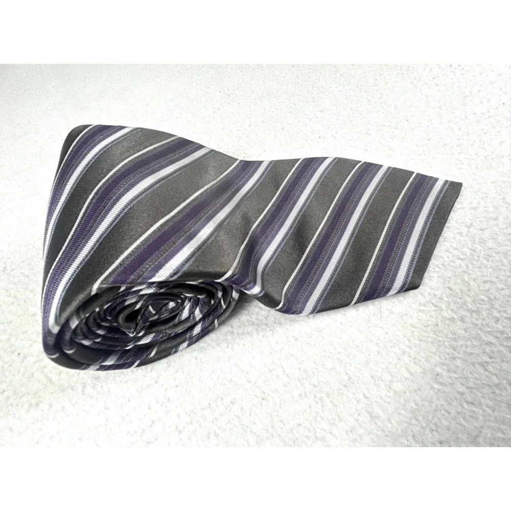 Calvin Klein Necktie Men OS Gray Purple Striped Professional Silk Tie